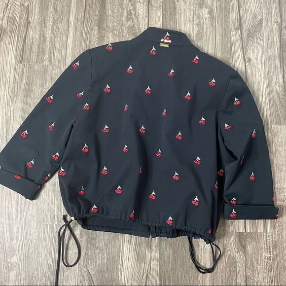 ST. JOHN SPORT 1990s Vintage So Cherry Print Side Tie Black Zip Up Denim Jacket - Picture 13 of 14